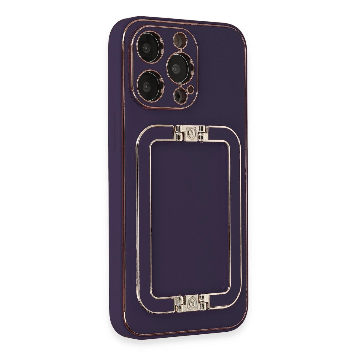 Dört kameralı, gümüş çerçeveli koyu mor telefon kılıfı.