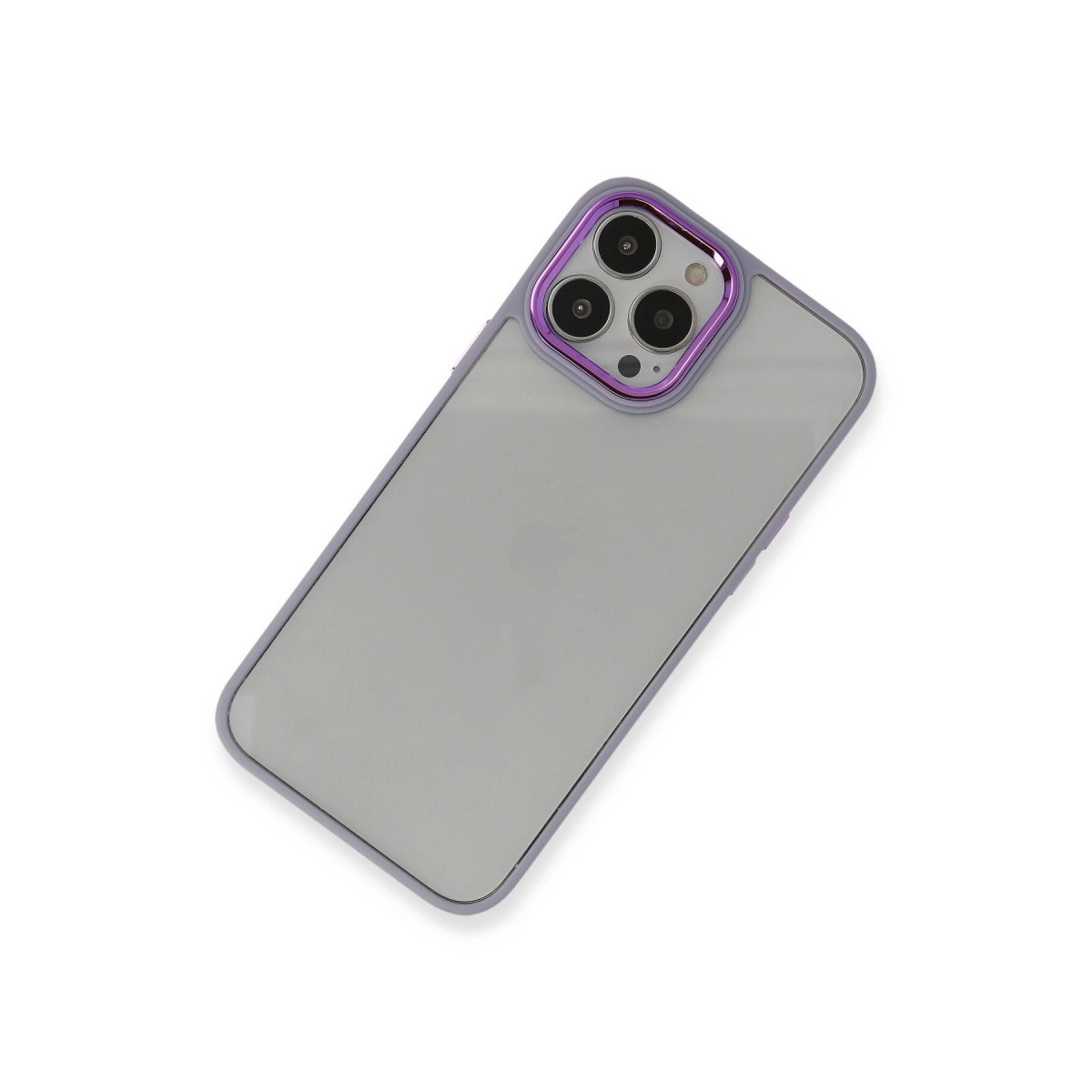 Üç kameralı, mor çerçeveli gri telefon, beyaz arka planda.