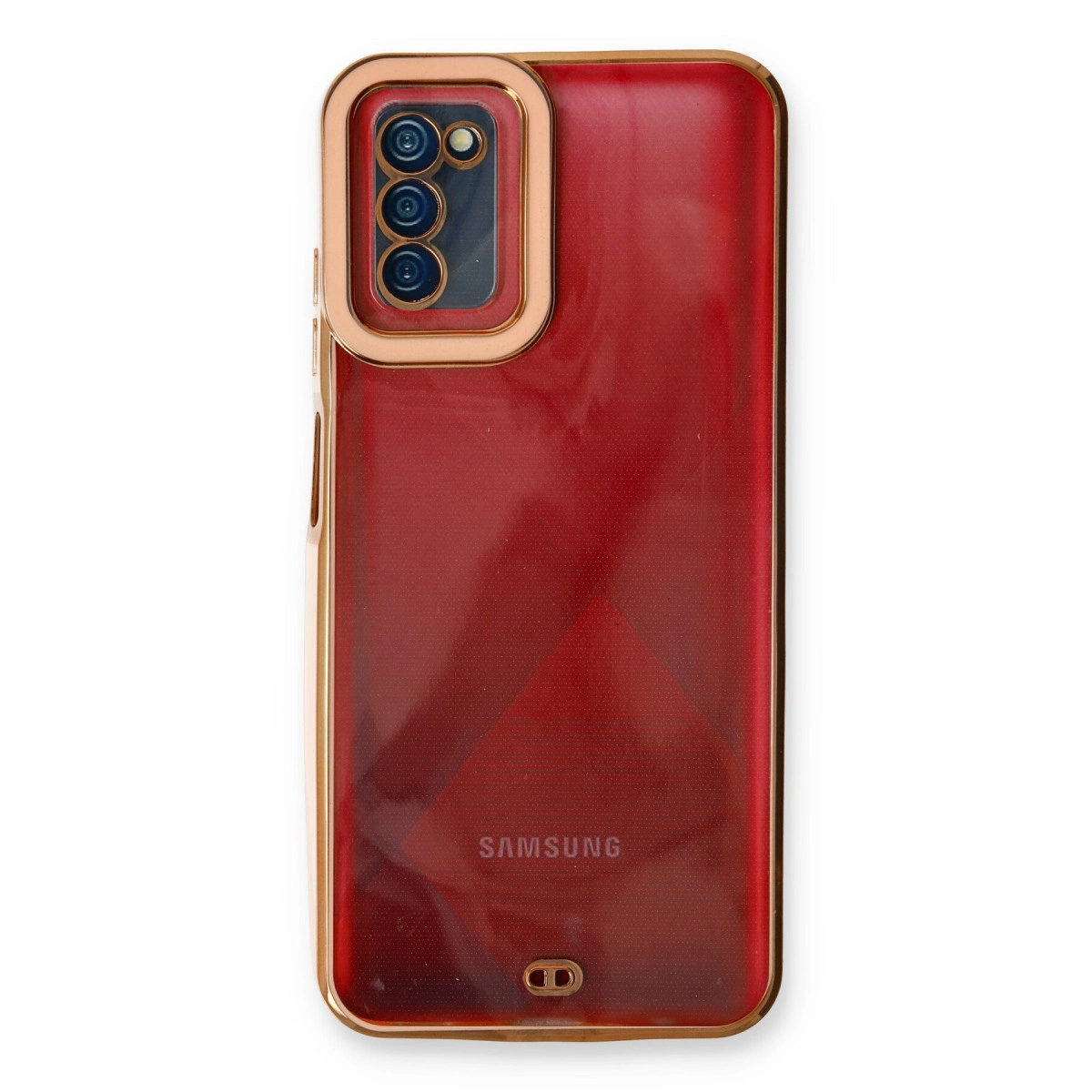 Kamera modüllü ve altın çerçeveli kırmızı Samsung telefon kılıfı.
