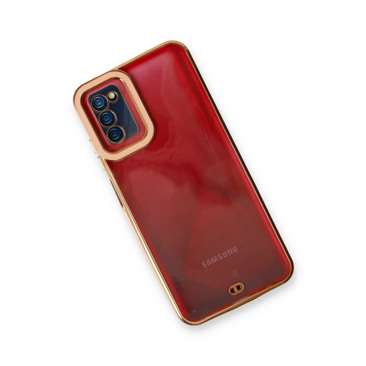 Altın çerçeveli kırmızı telefon kılıfı ve kamera çıkıntısı. Samsung logosu görünüyor.