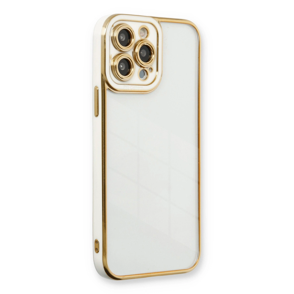 Altın çerçeveli ve lensli beyaz iPhone kılıfı.