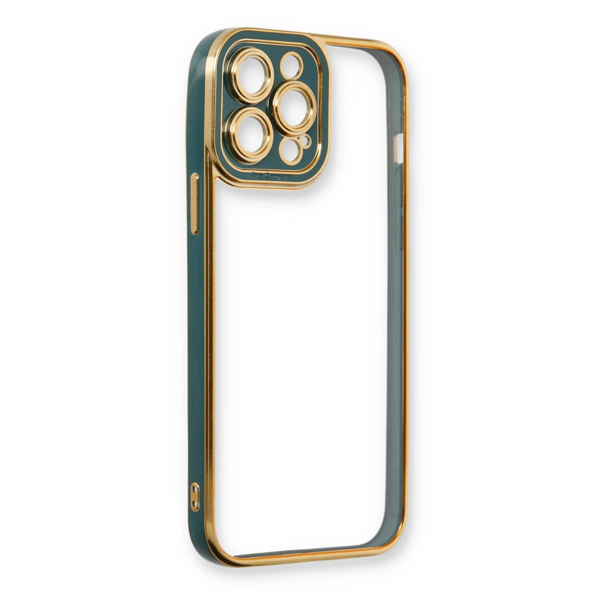 Altın kenarlı ve kamera kesimli koyu yeşil iPhone kılıfı.
