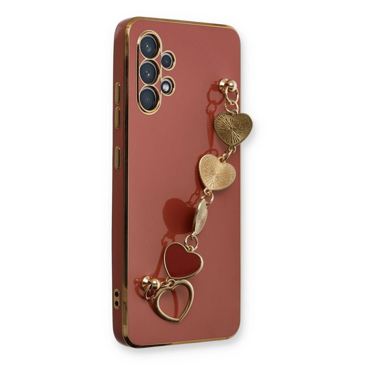 Altın kenarlı kırmızı telefon kılıfı ve kalp takı zinciri.