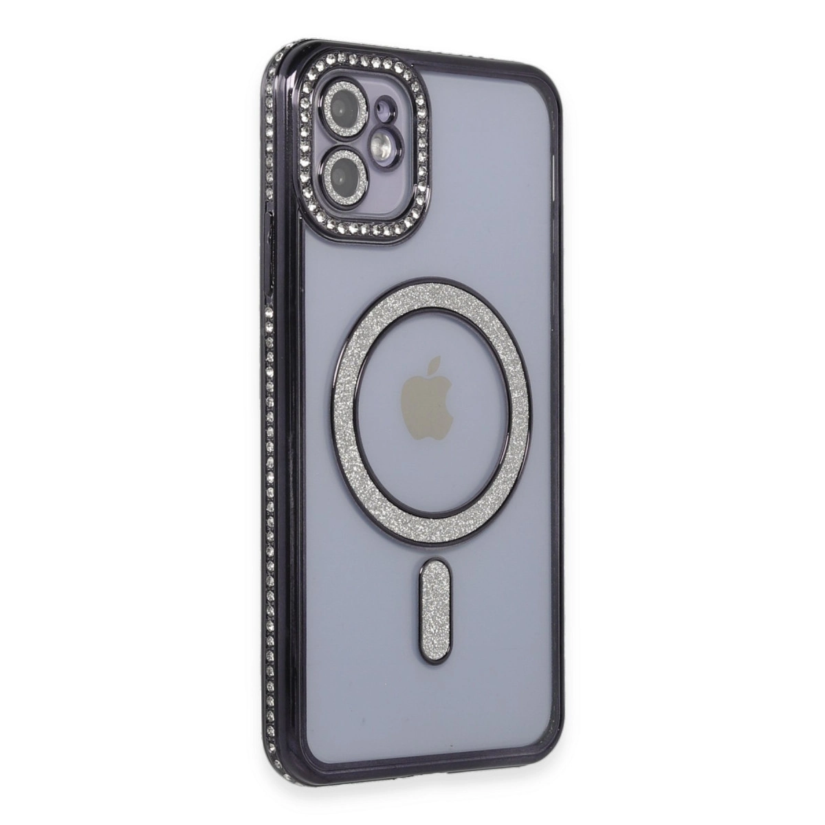 Kamera çevresinde sim ve taşlarla süslenmiş gri telefon kılıfı.
