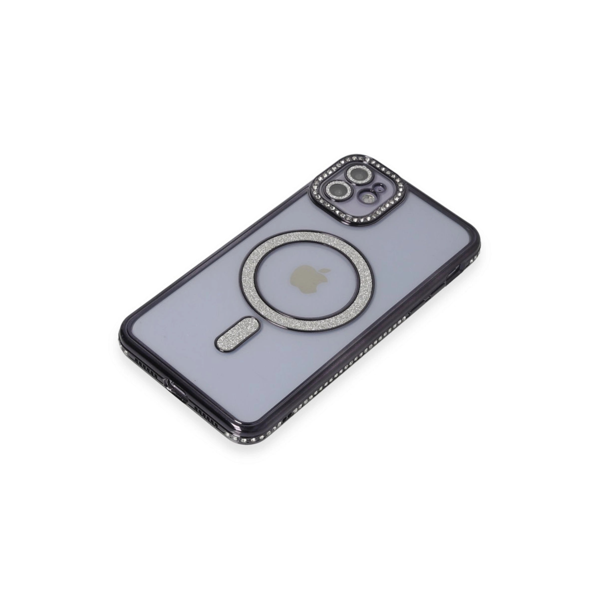 Mor iPhone kılıfı simli halka ve kamera çerçeveli.