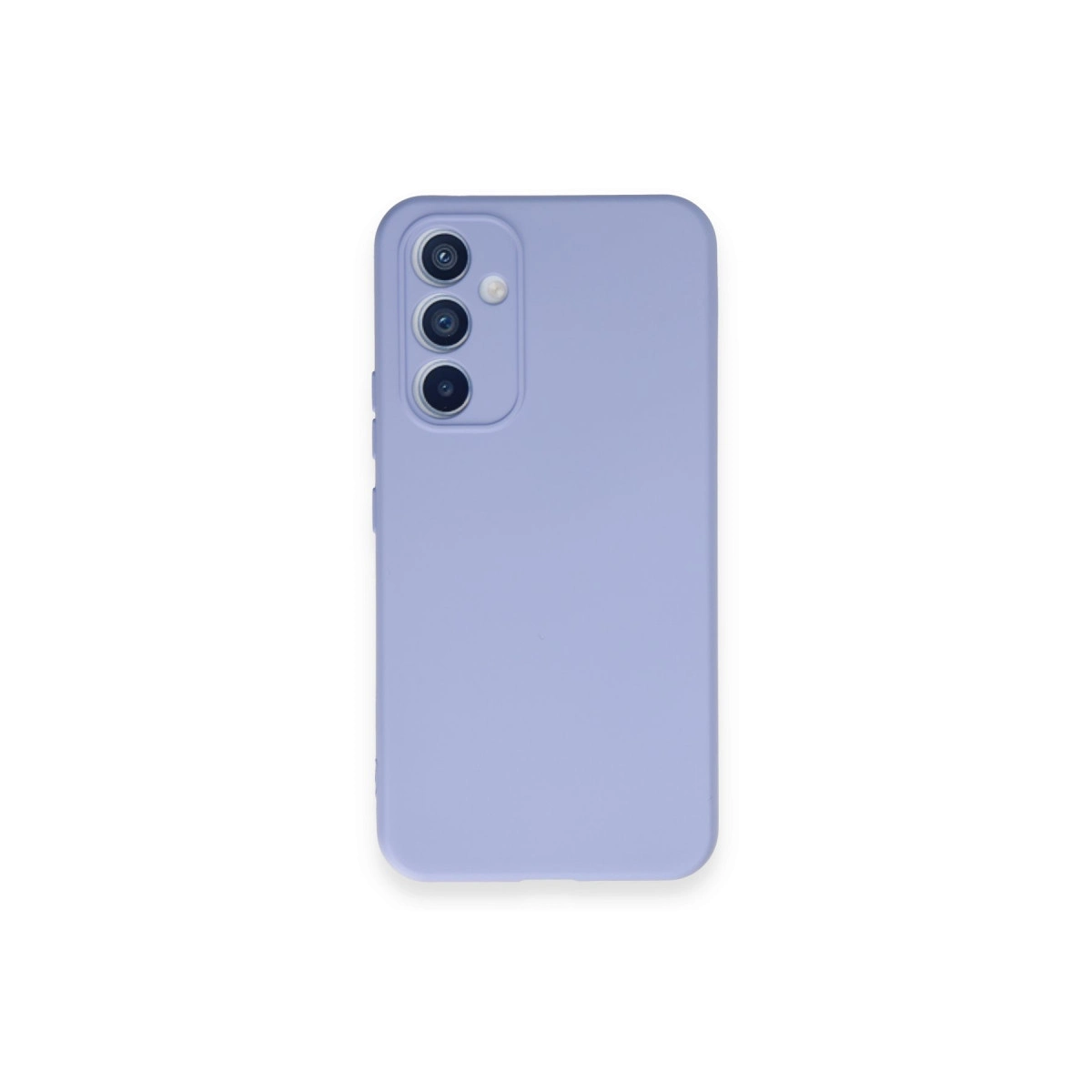 Arkada üç kamera lensi bulunan lavanta rengi telefon kılıfı.