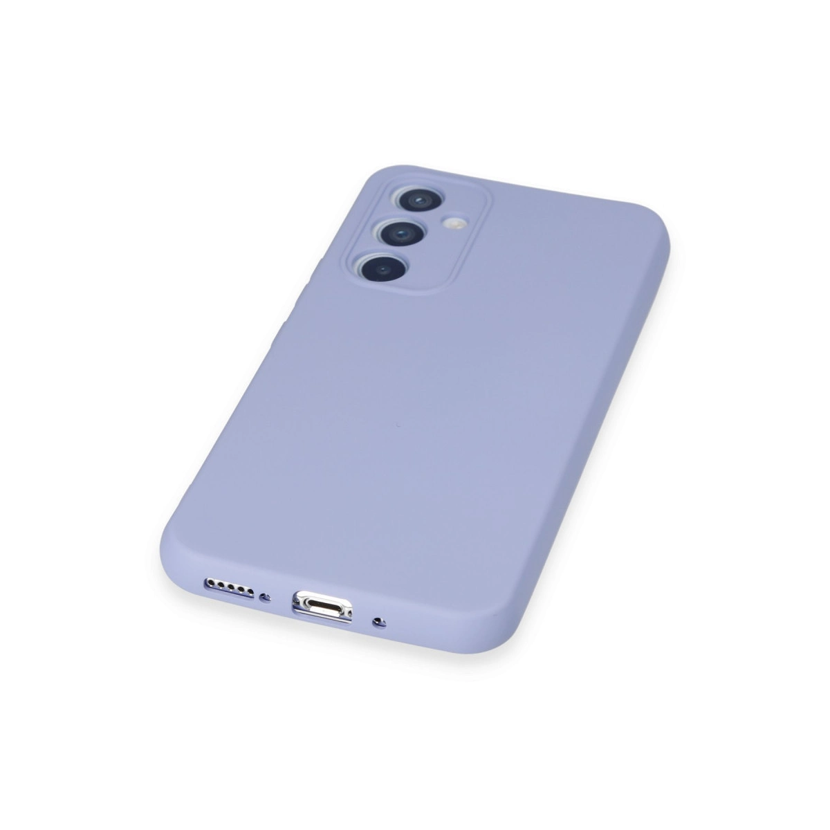 Arkada üç kamera lensi olan lavanta rengi telefon kılıfı.