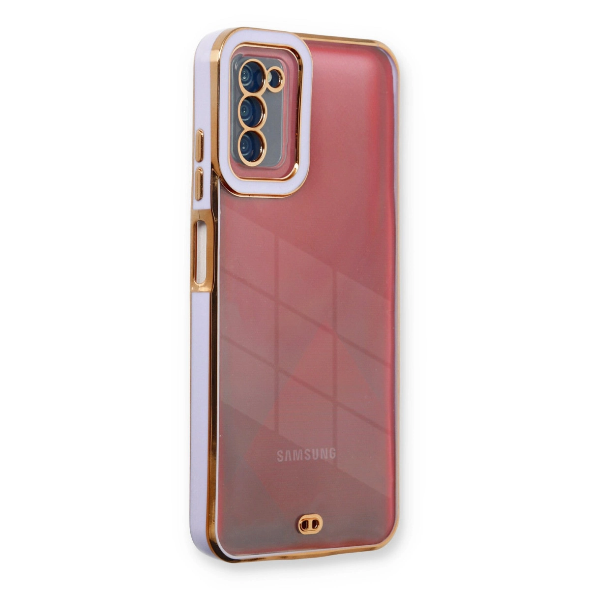 Kamera kesimli ve altın vurgulu kırmızı telefon kılıfı.