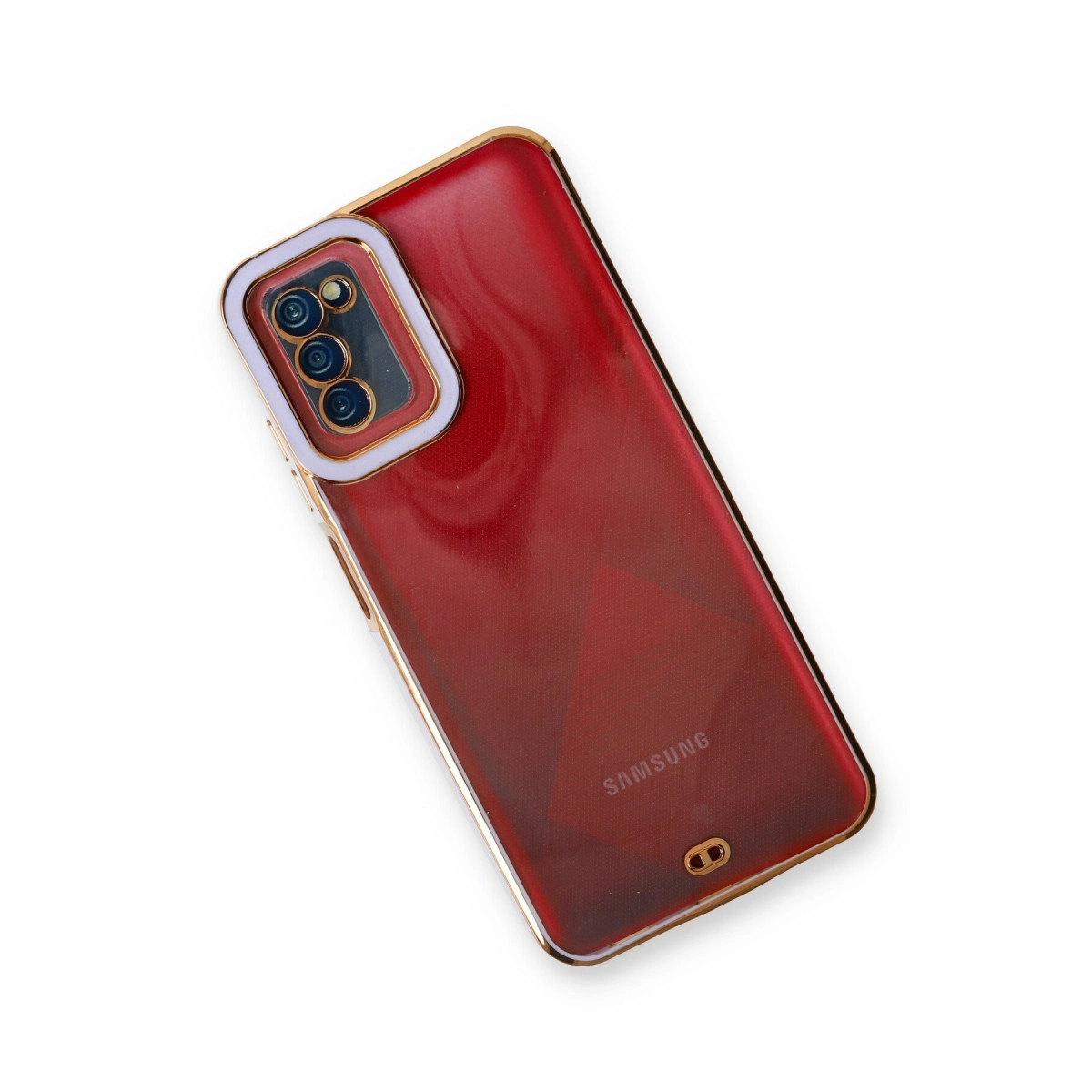 Kamera modülü ve altın çerçeveli kırmızı akıllı telefon, Samsung logosu.