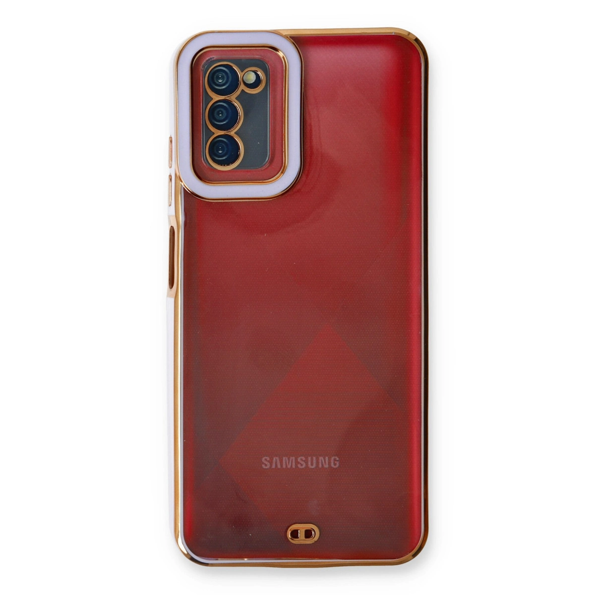 Kamera çıkıntılı ve altın kenarlıklı kırmızı telefon kılıfı.