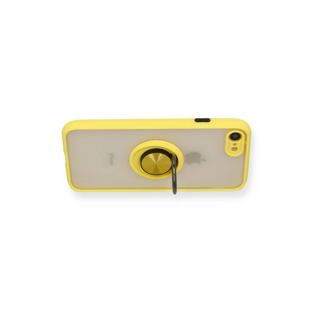 Altın halka tutuculu şeffaf arkalı sarı iPhone kılıfı.