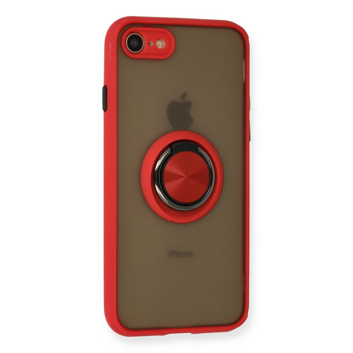 Kırmızı iPhone kılıfı halka tutuculu, Apple logosu, beyaz arka plan.