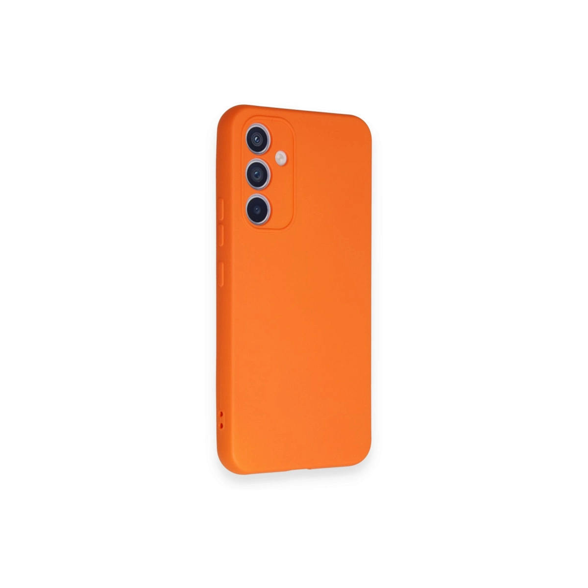 Arkada üç kamera lensi bulunan parlak turuncu telefon kılıfı.