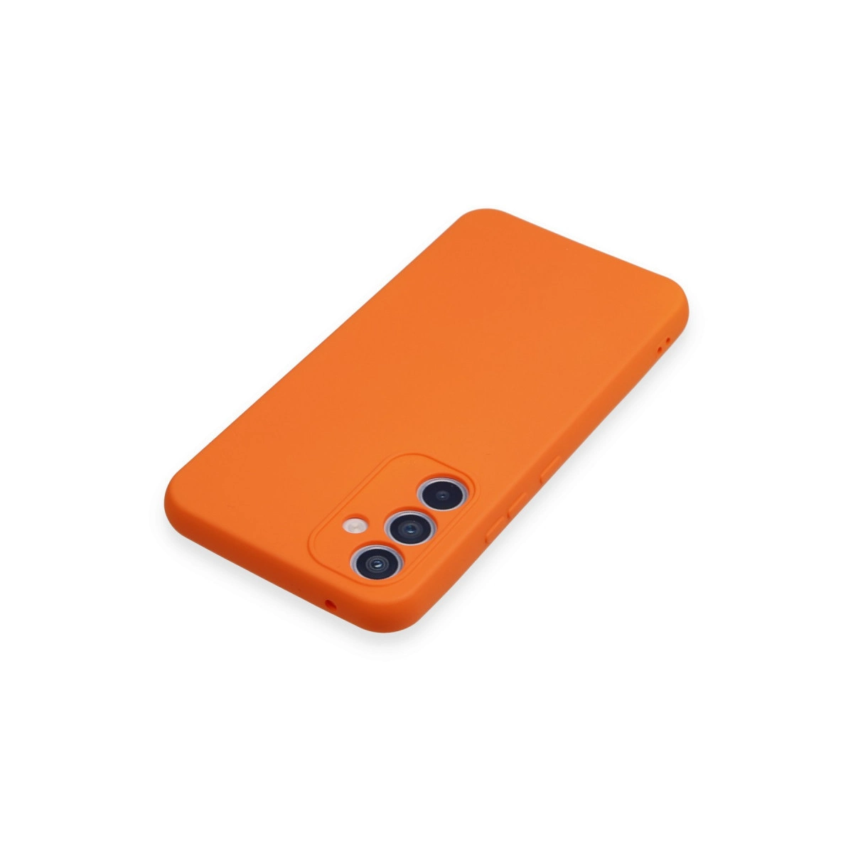 Arkada kamera kesiği bulunan parlak turuncu telefon kılıfı.