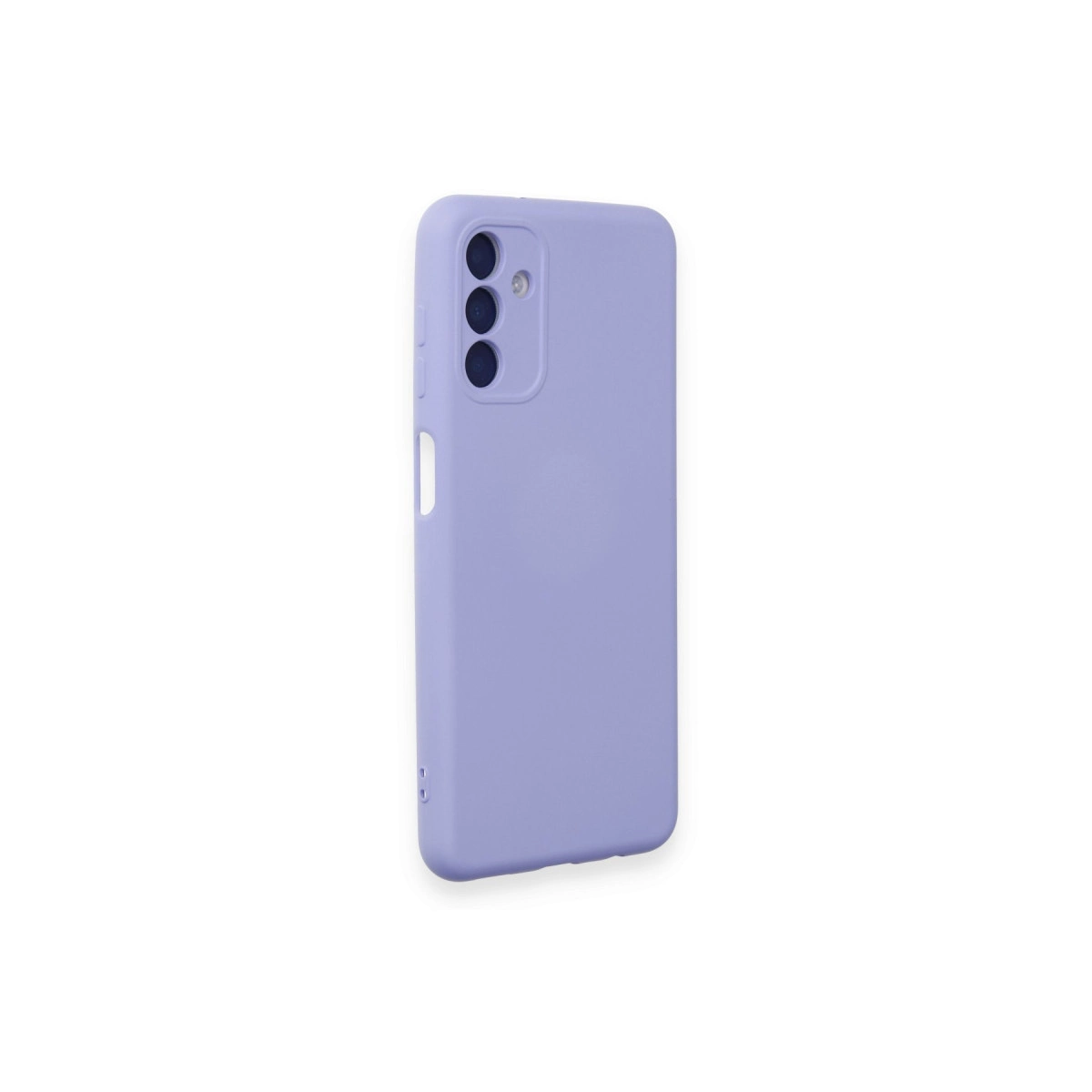 Arkada üç kamera lensli lavanta rengi telefon kılıfı.