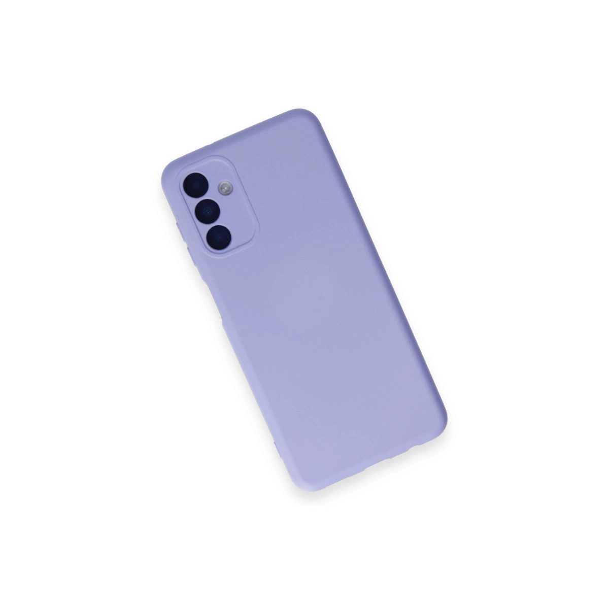 Beyaz zeminde üç kamera lensi ve flaşı olan mor telefon kılıfı.