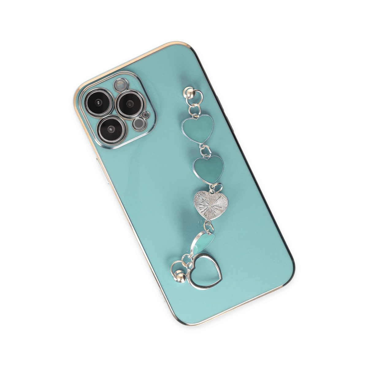Kamera ve kalp charm kolyeli turkuaz telefon.