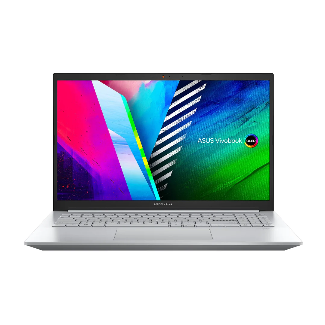 Srebrny laptop Asus Vivobook z żywym ekranem OLED wyświetlającym kolorową tapetę.
