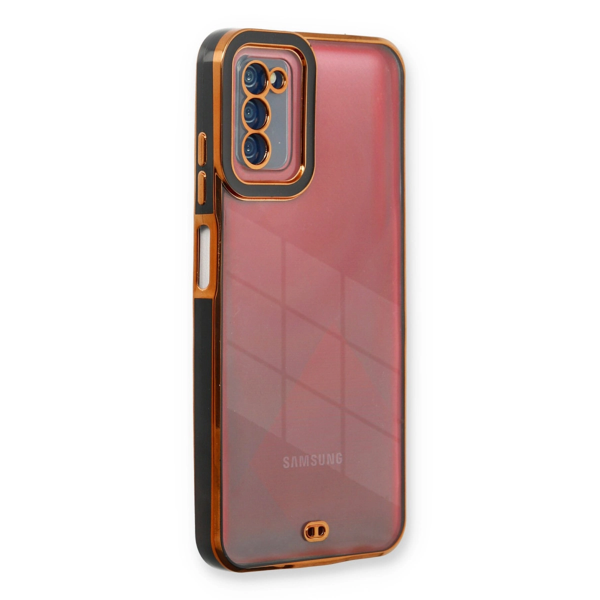 Altın süslemeli kırmızı Samsung telefon kılıfı ve kamera kesimi.