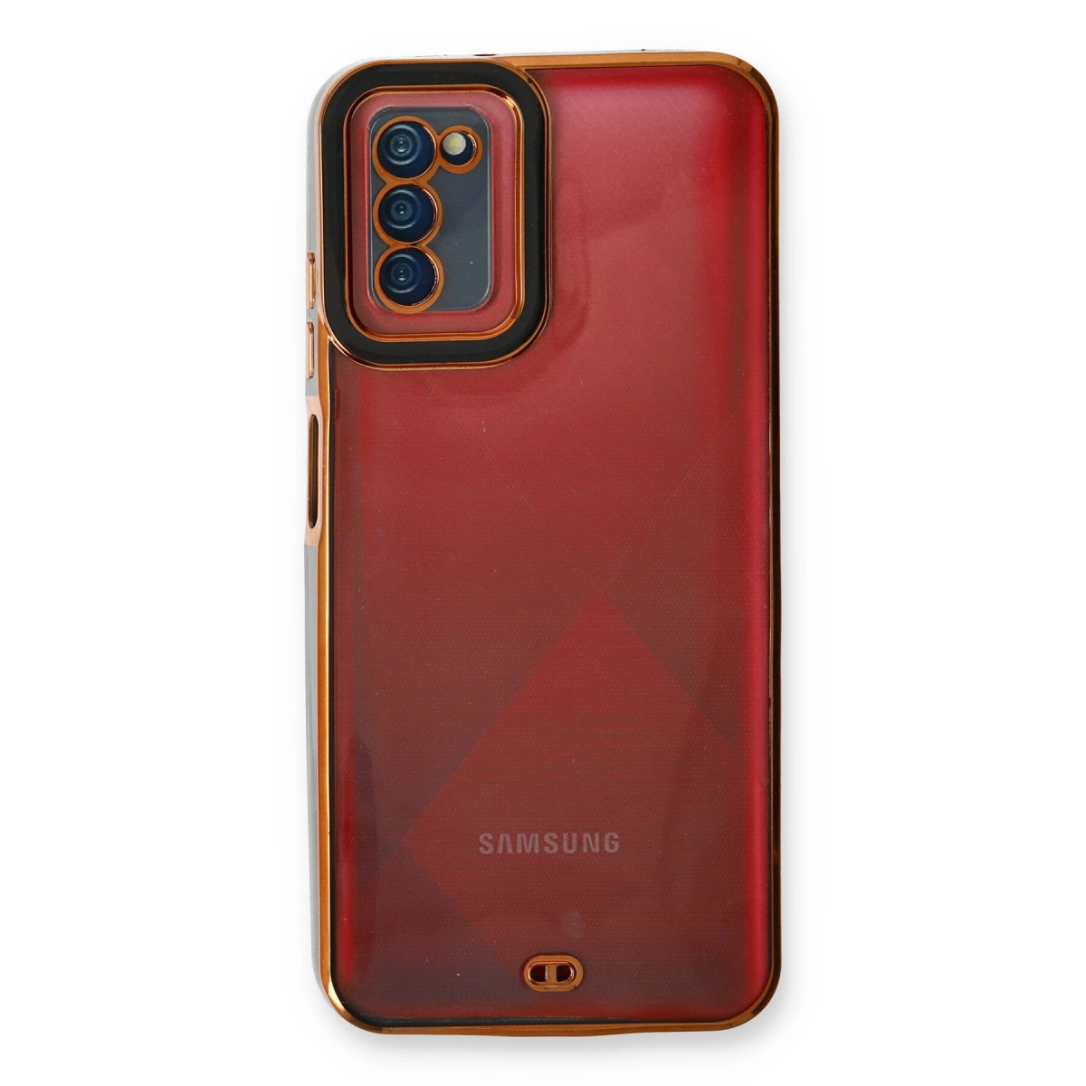 Kamera kesimli kırmızı telefon kılıfı ve altın kenar.