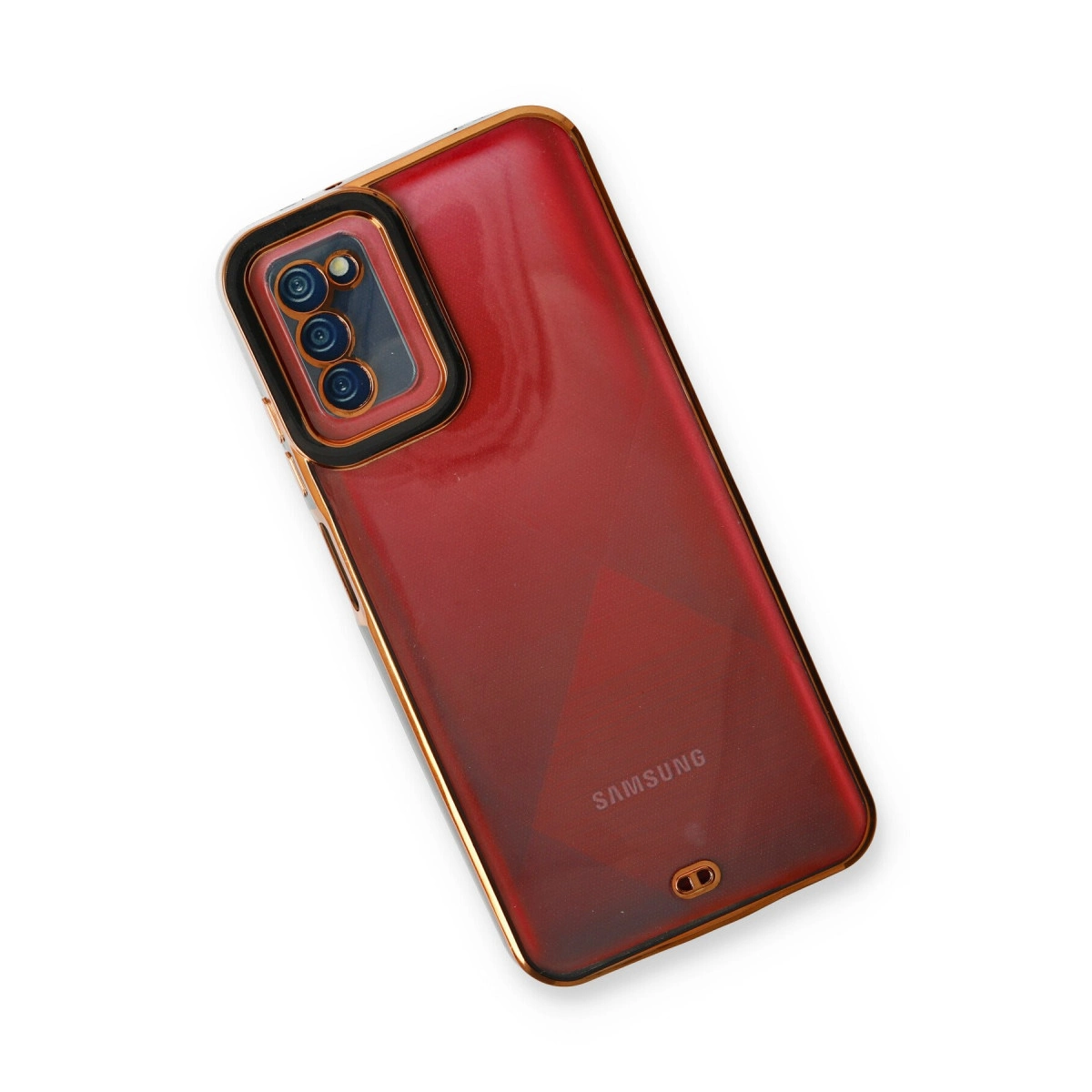 Kamera oyuntulu, altın kenarlı kırmızı telefon kılıfı.