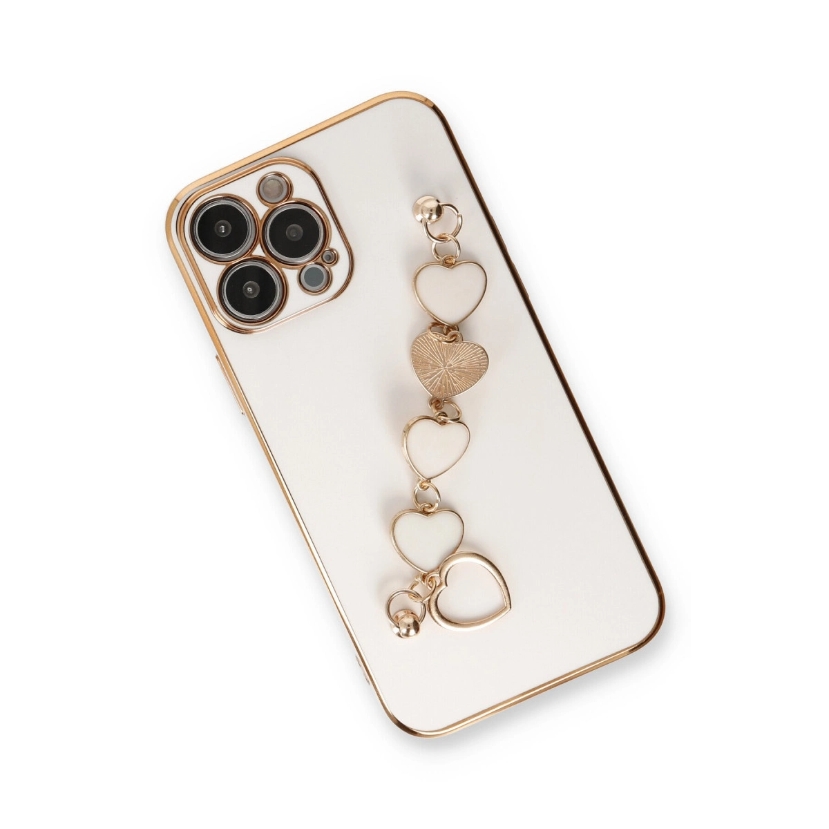 Altın çerçeveli beyaz telefon ve kalp charm bileklik.