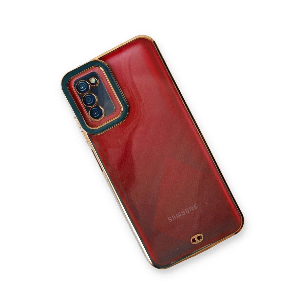 Altın çerçeveli ve kamera çerçeveli kırmızı telefon kılıfı.