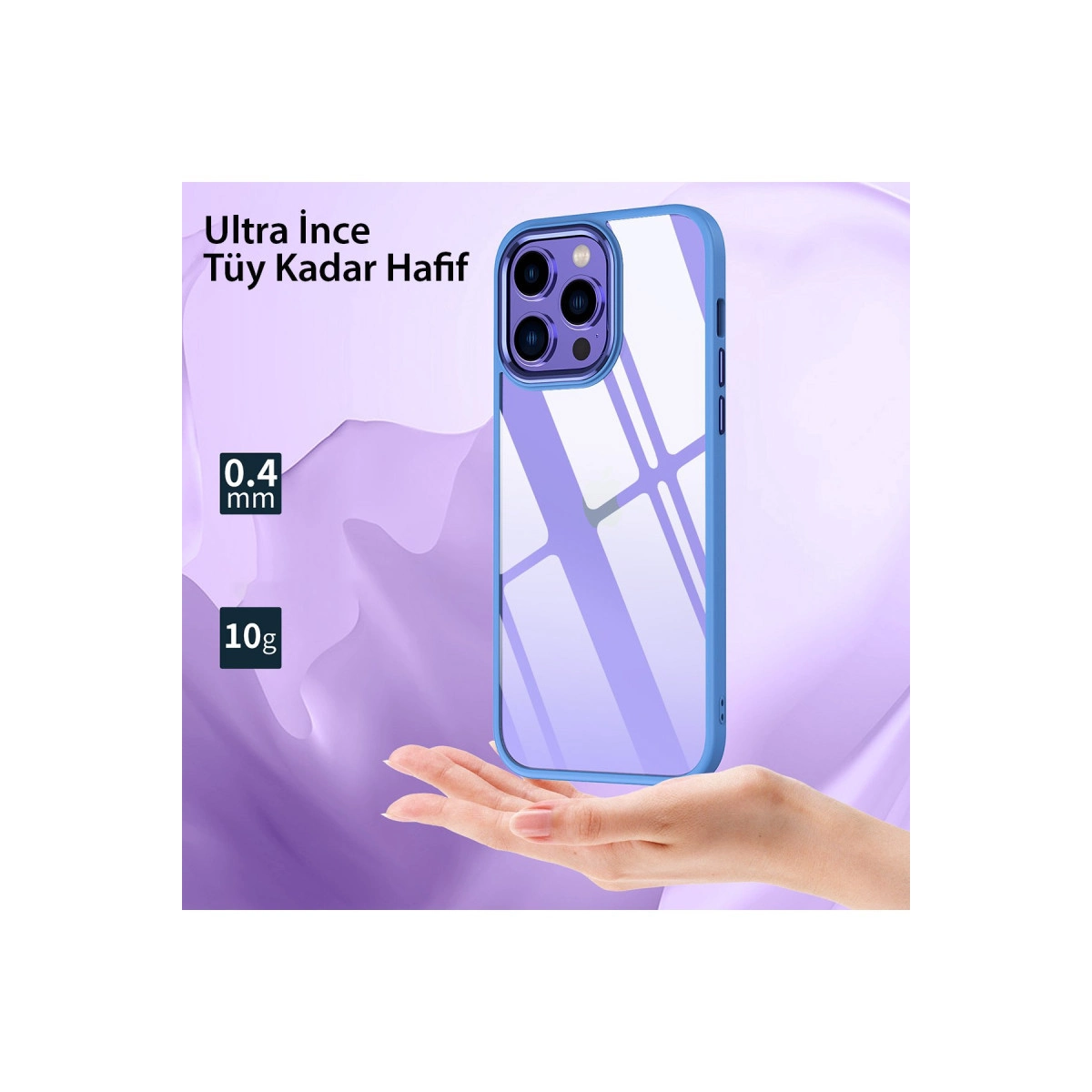 Bir el, üç kameralı şeffaf mavi telefon kılıfı tutuyor.