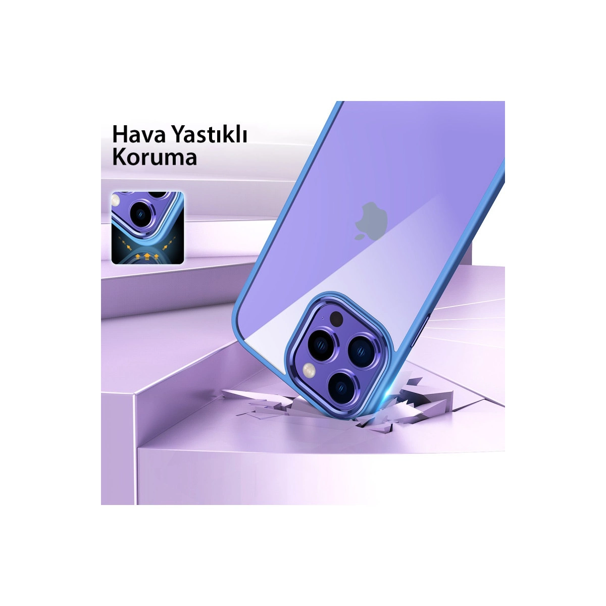 Kamera korumalı mor telefon kılıfı çatlak bir zemine düşüyor.