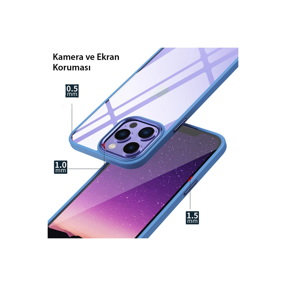 Mavi telefon kılıfı kamera koruması 0,5 mm, kenarlar 1,0 mm, ekran 1,5 mm gösterir.