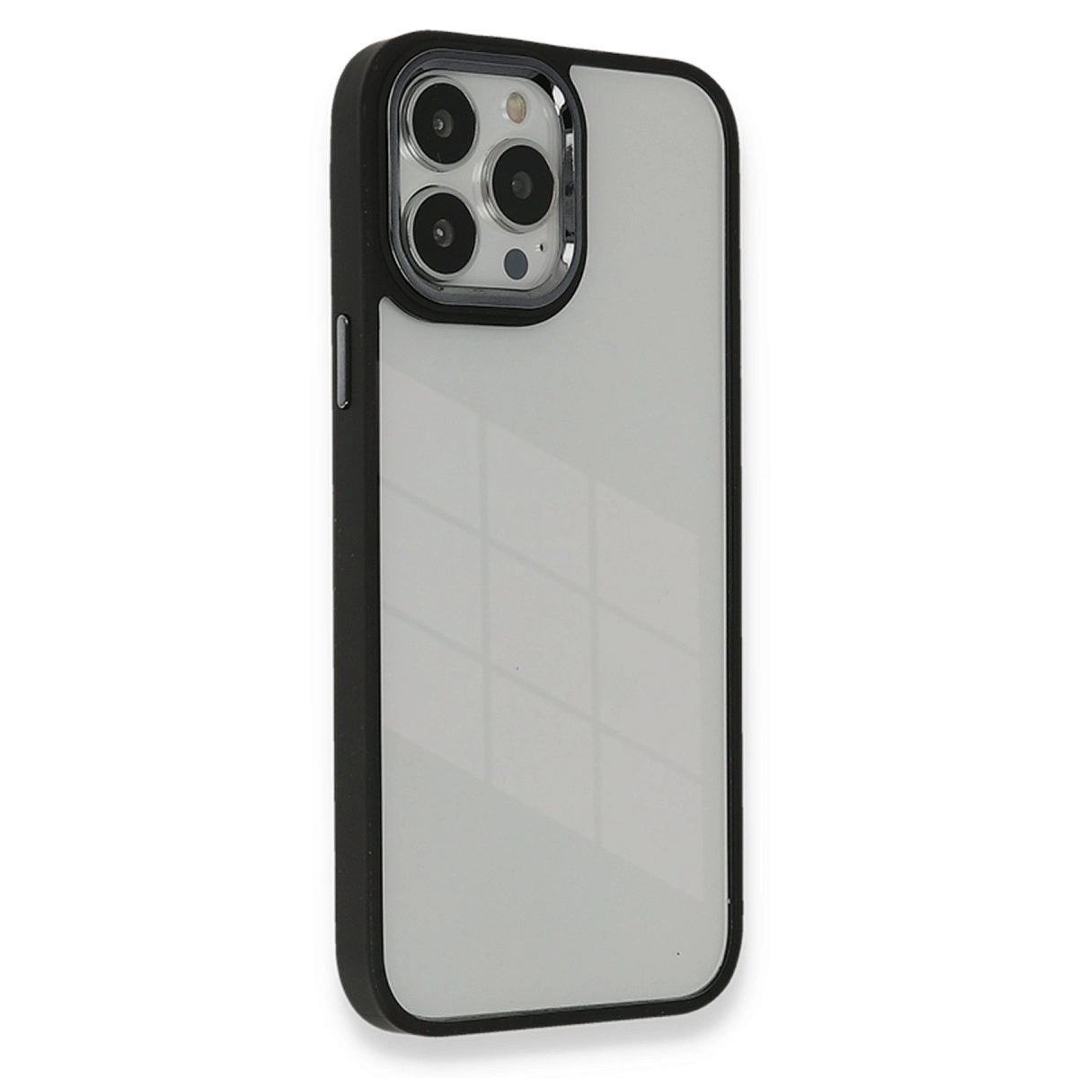 Üçlü kameraya ve beyaz arkaya sahip siyah iPhone kılıfı.