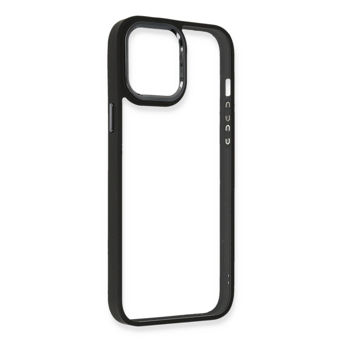 Şeffaf orta ve kamera kesimli siyah iPhone kılıfı.