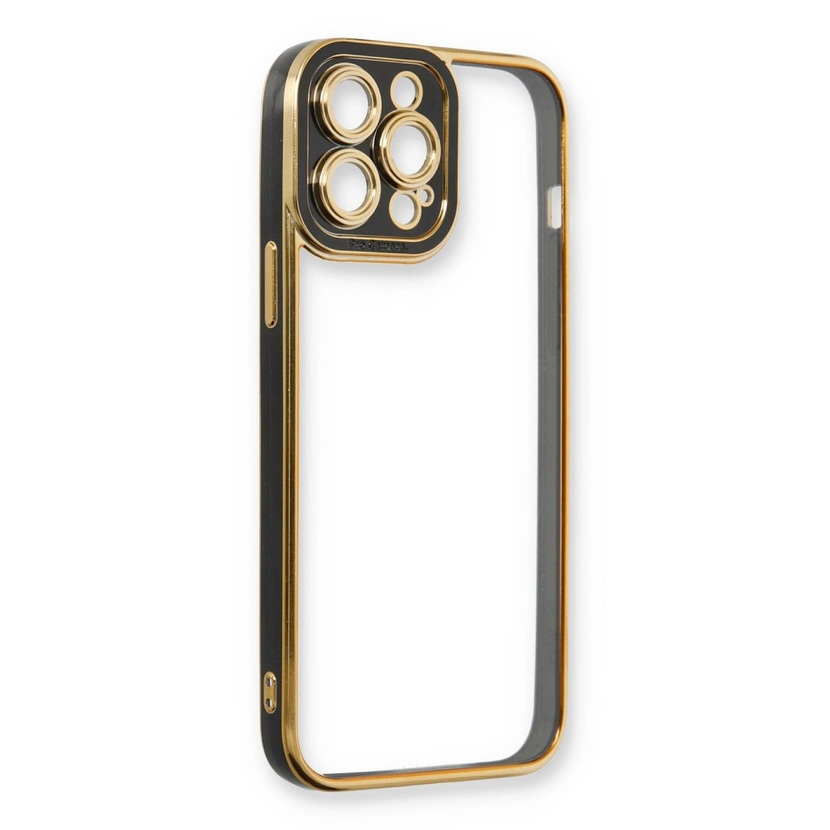Altın kenarlı ve kamera kesimli siyah iPhone kılıfı.