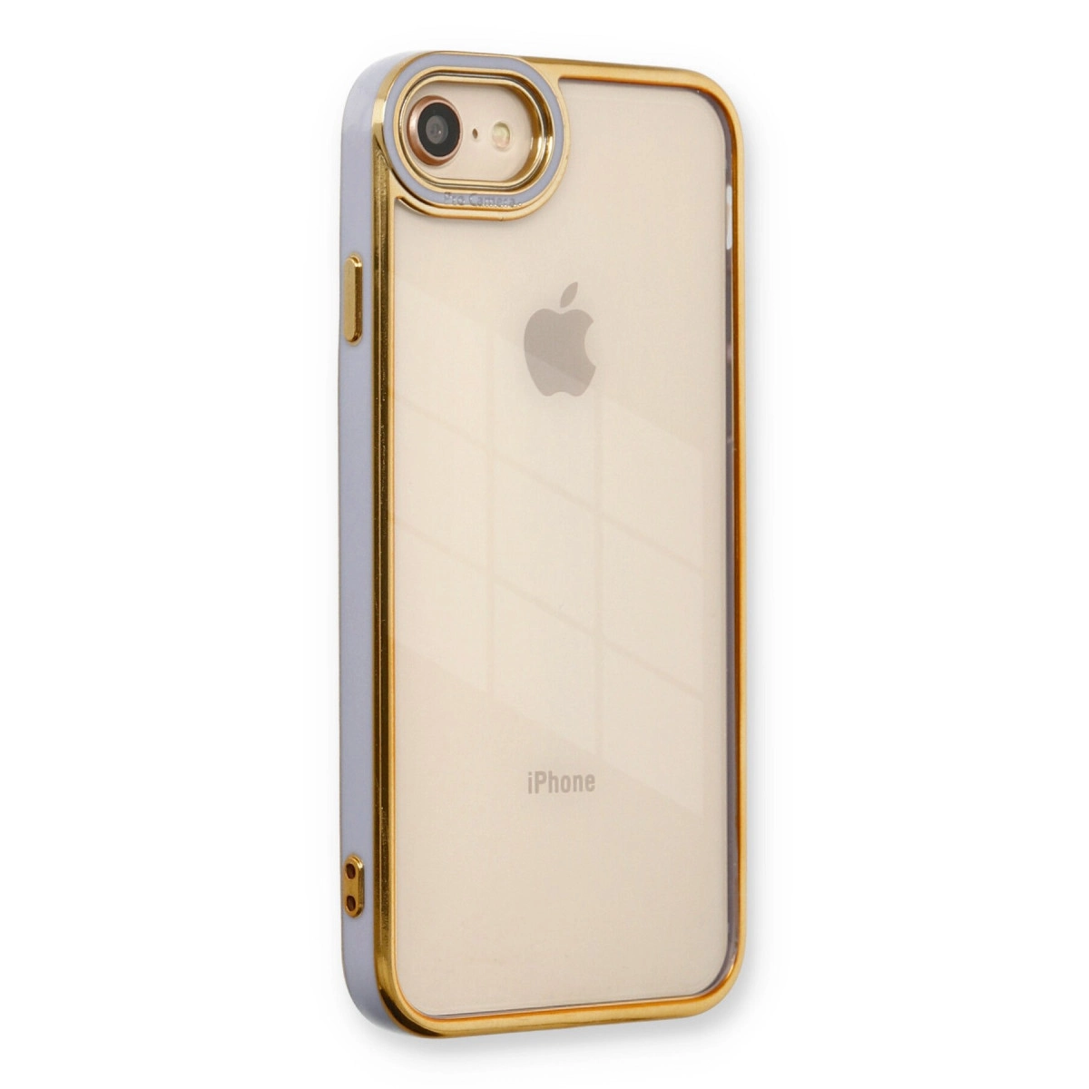 Altın çerçeveli ve leylak rengi kenarlıklı şeffaf iPhone kılıfı.