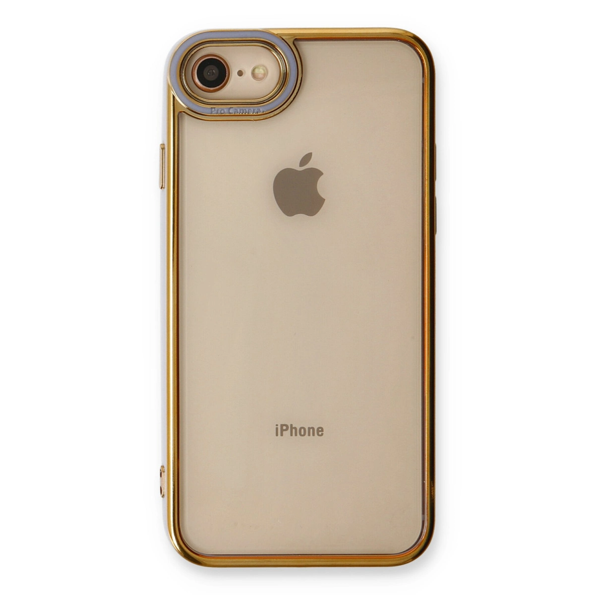 Altın rengi iPhone kılıfı, şeffaf arka ve kamera halkası.