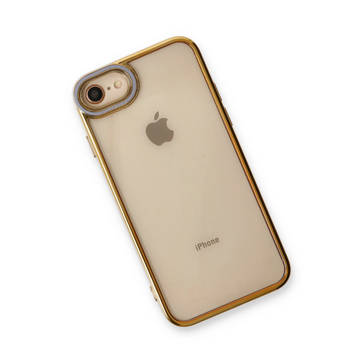 Altın rengi iPhone kılıfı, şeffaf arka ve kamera kesimi.