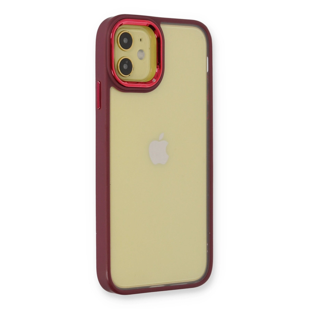 Sarı arka ve Apple logosuna sahip koyu kırmızı iPhone kılıfı.