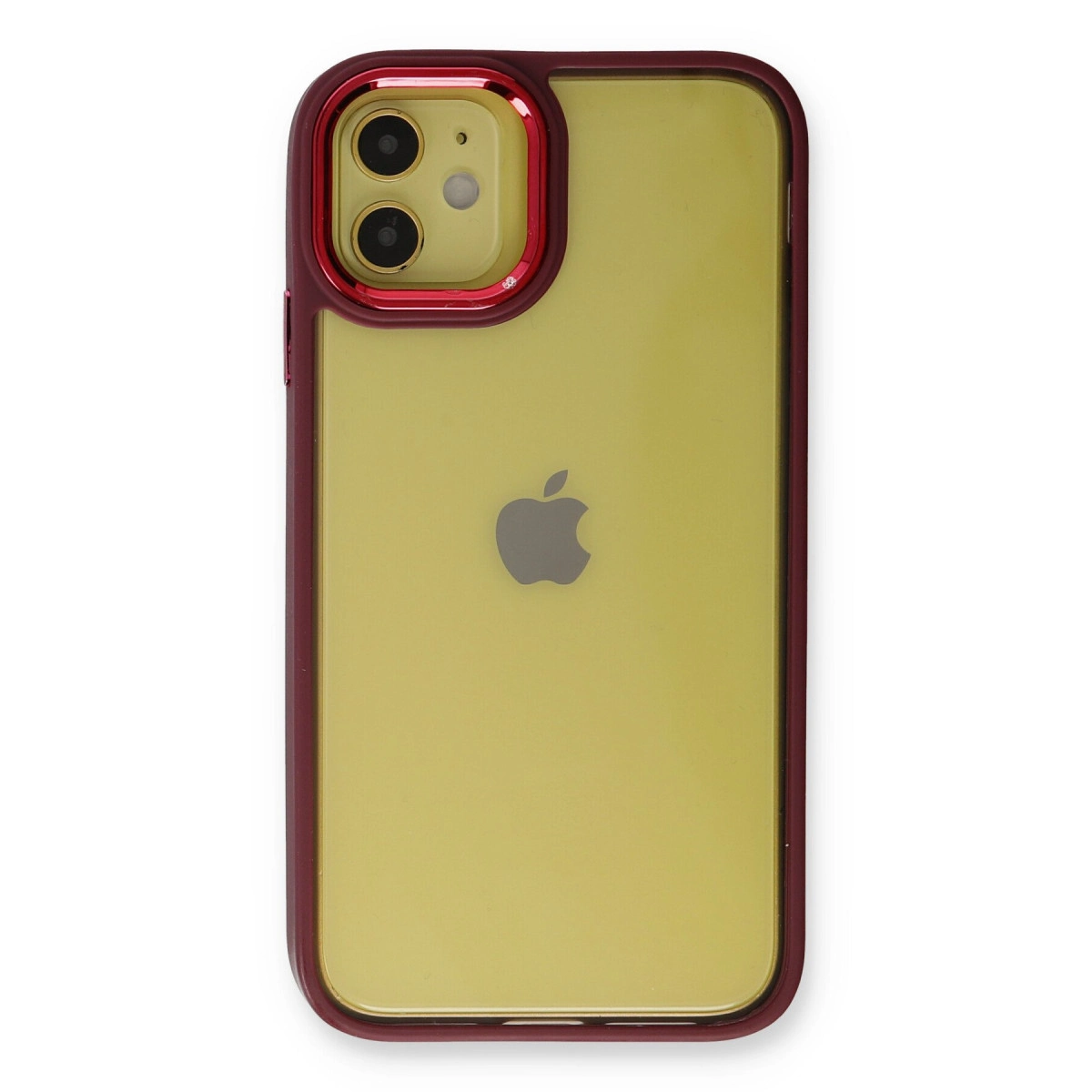 Sarı arka ve kırmızı tamponlu bir iPhone, beyaz arka planda.