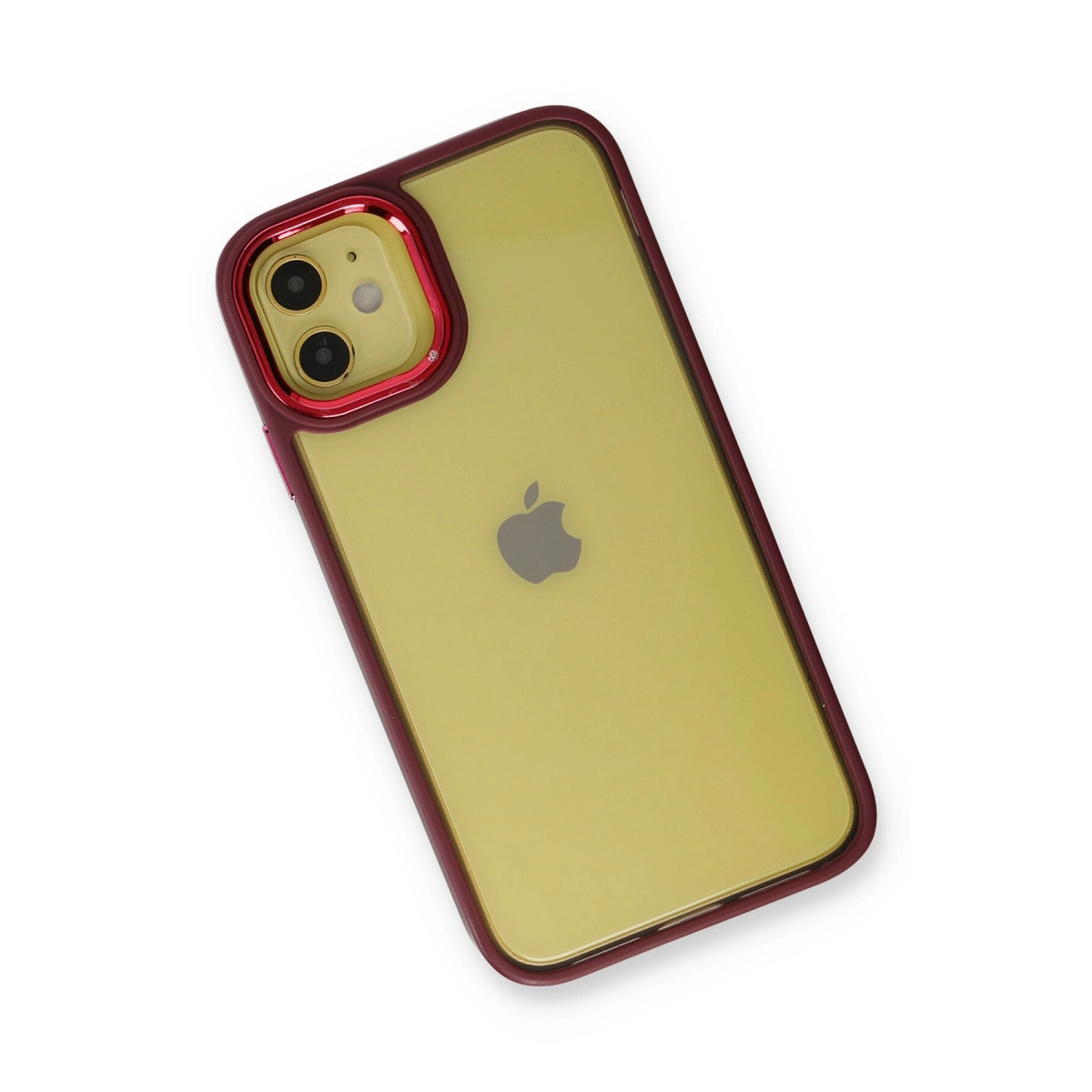 Beyaz arka plan üzerinde kırmızı kenarlı ve iki kameralı sarı iPhone.