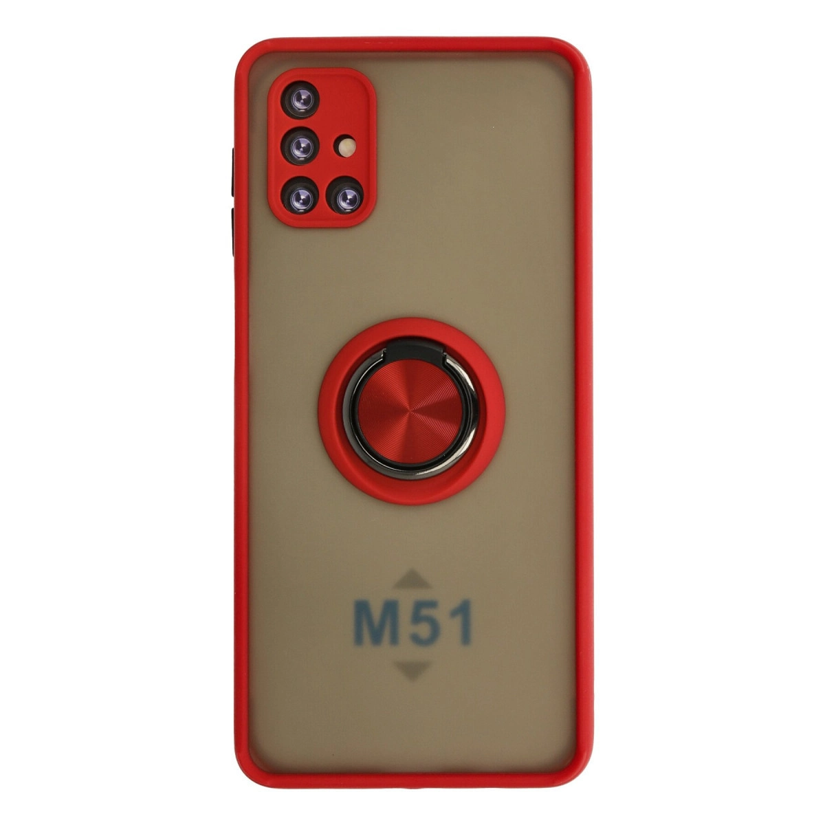Kamera kesimli kırmızı telefon kılıfı ve halka tutucu. M51 logosu.