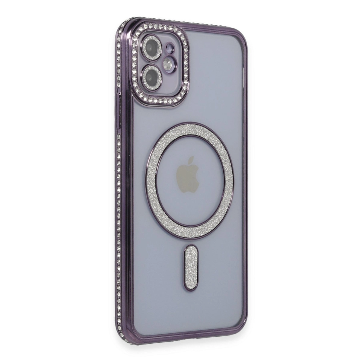 Kamera ve logo etrafında simli kenarlıklı mor iPhone kılıfı.