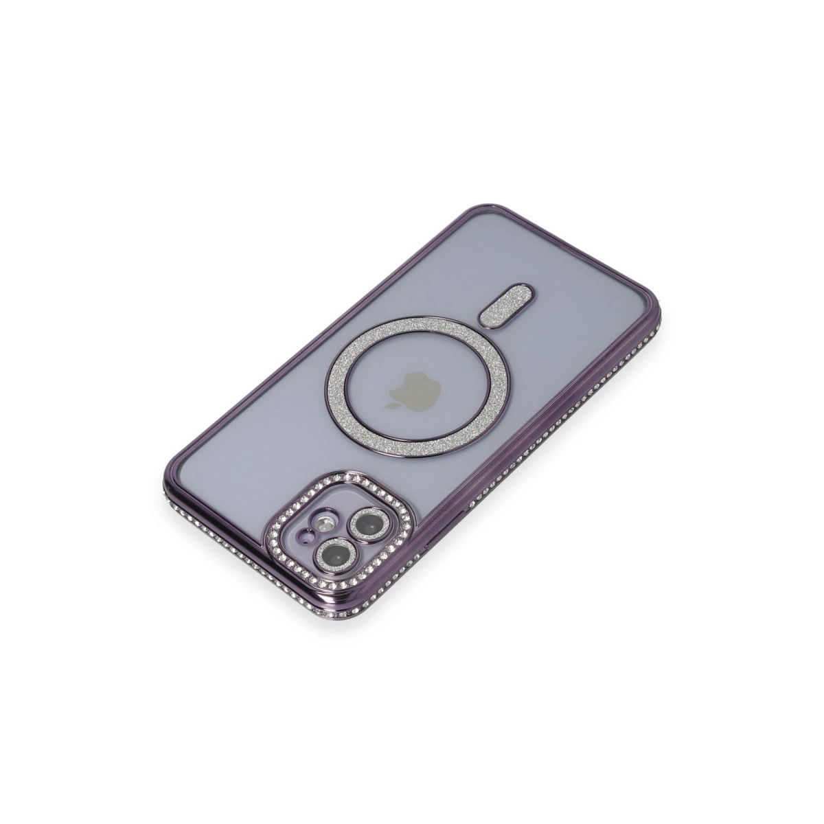Simli halkalı ve kamera lensli mor iPhone kılıfı.