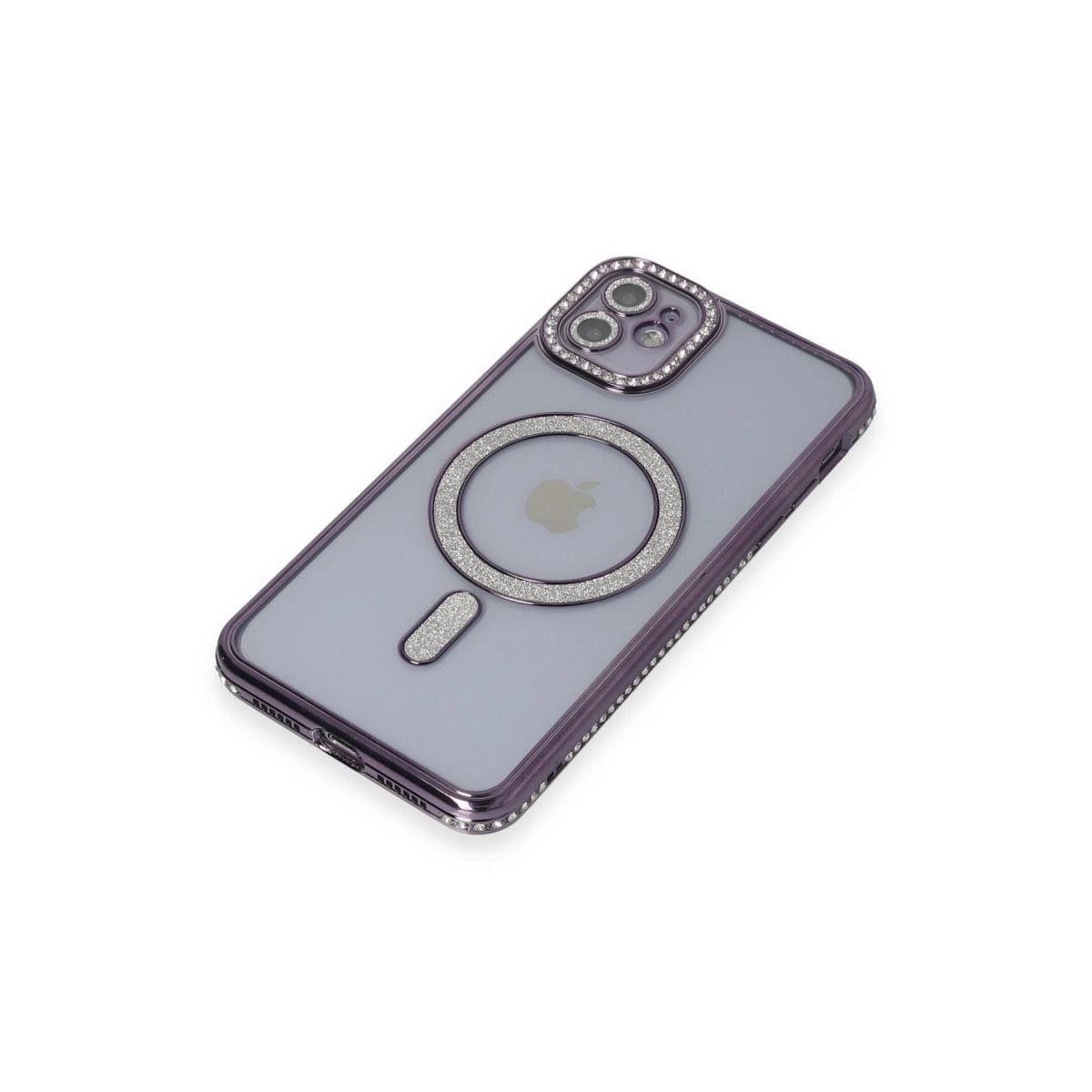 Mor iPhone kılıfı simli halka ve kamera vurgularıyla.
