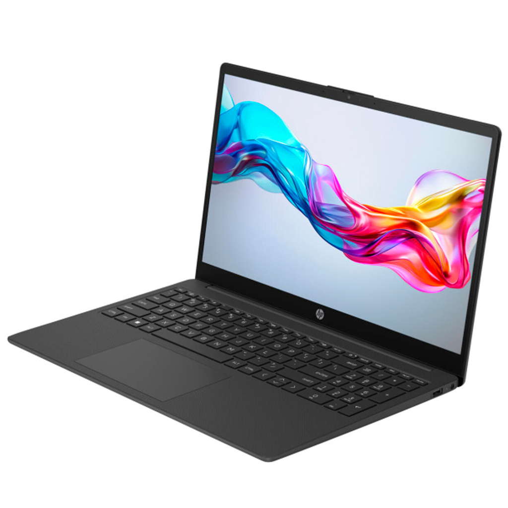 Czarny laptop z kolorowym obrazem abstrakcyjnym na ekranie.