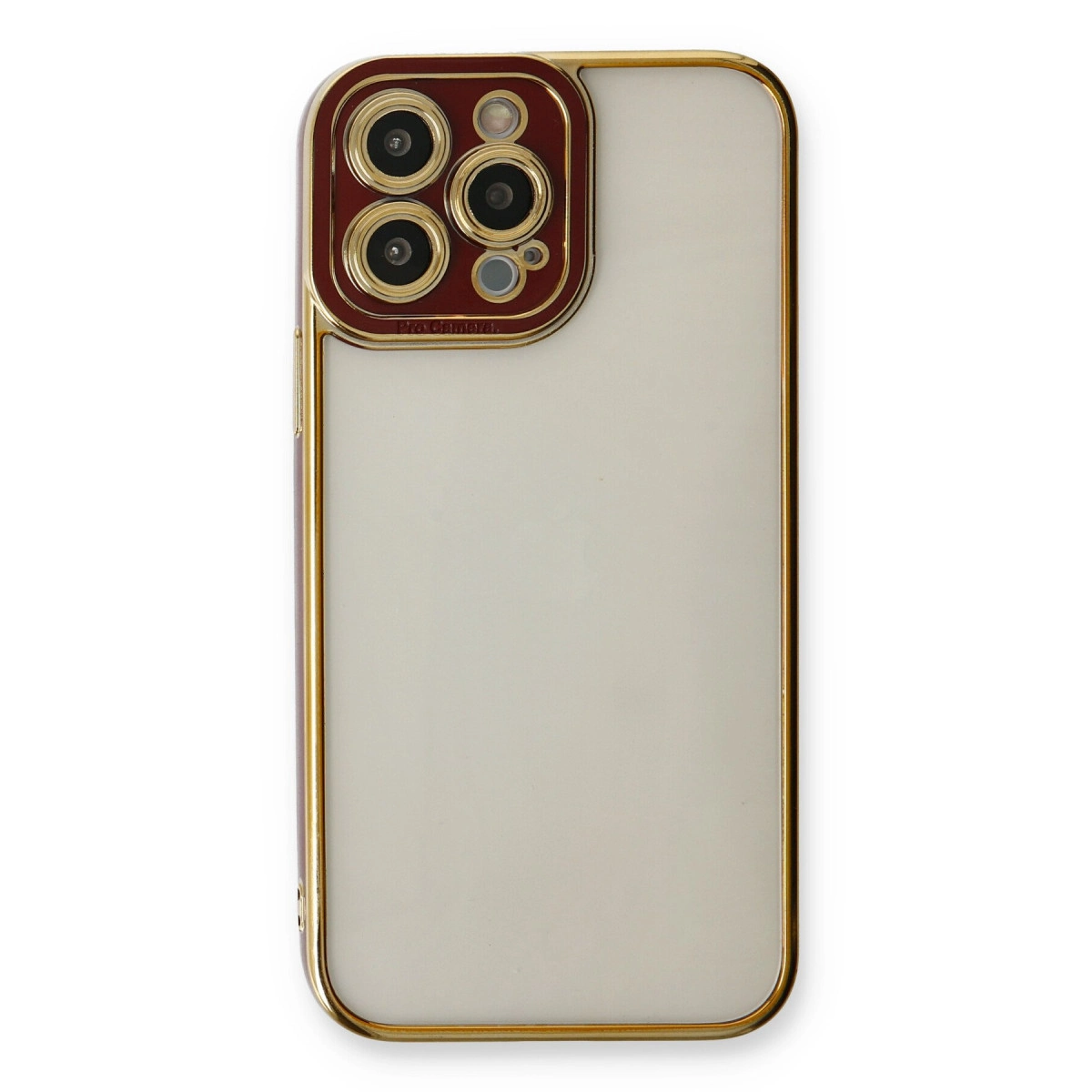 Altın çerçeveli beyaz telefon kılıfı ve kamera modülü.