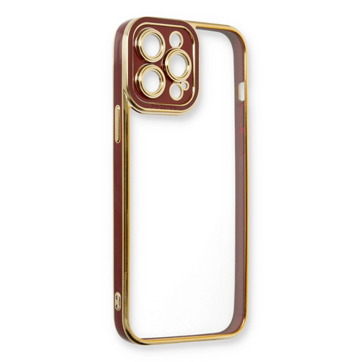 Bordo ve altın rengi, kamera oyuntulu telefon kılıfı, beyaz arka planlı.