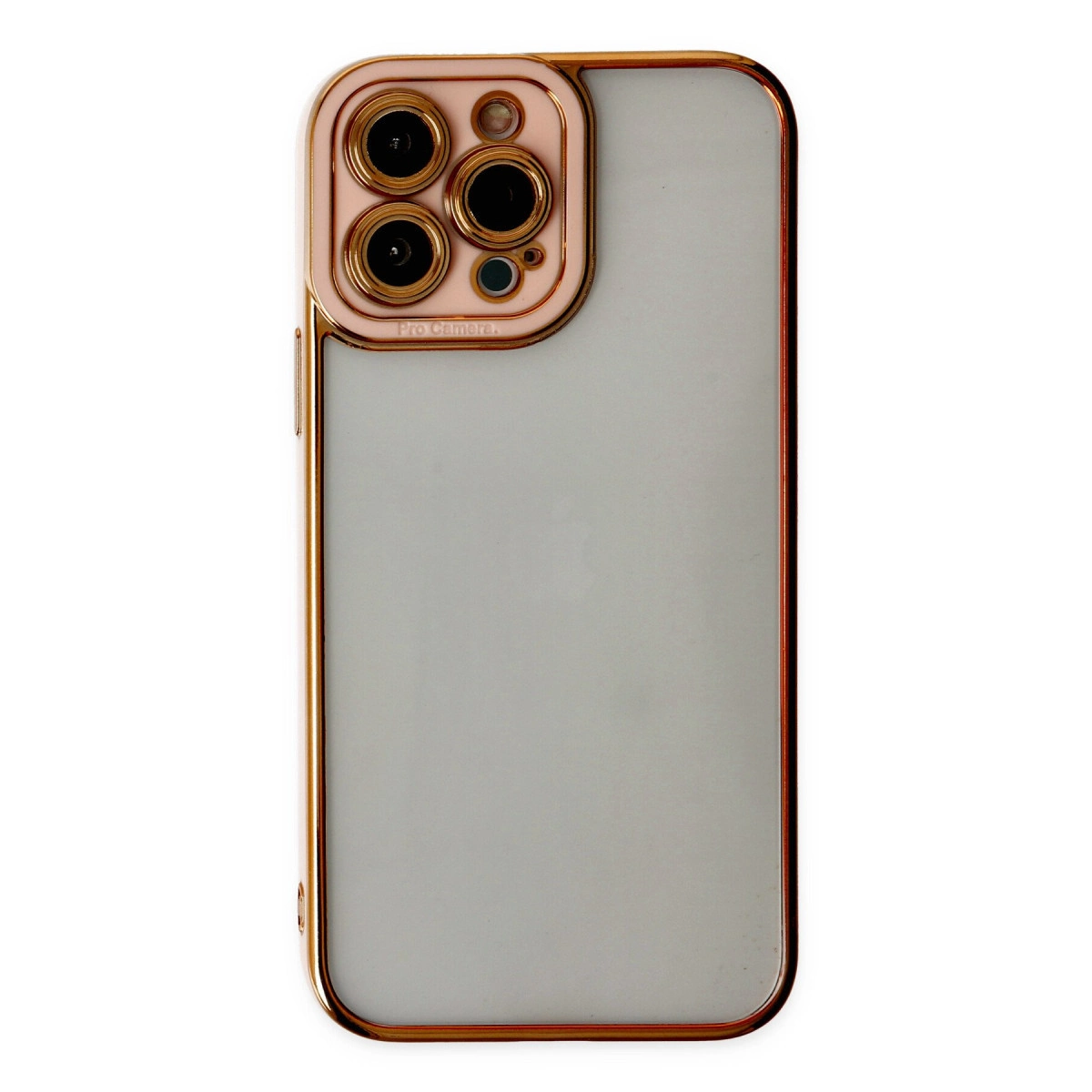 Dört kameralı, altın kenarlı açık gri telefon kılıfı.