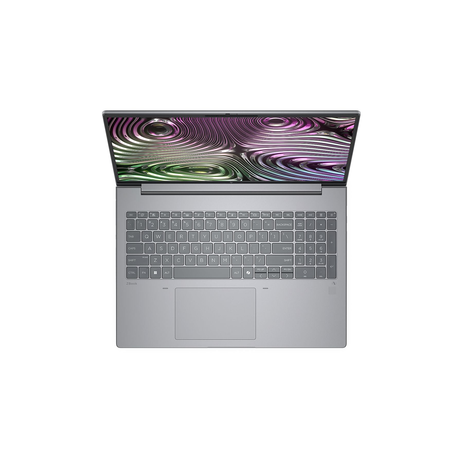 Un laptop argentato aperto con uno sfondo astratto e vorticoso visualizzato.