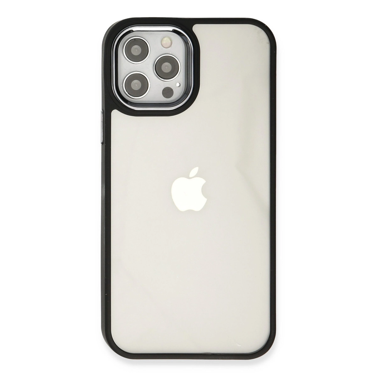 Siyah çerçeveli ve şeffaf arkalı iPhone kılıfı.