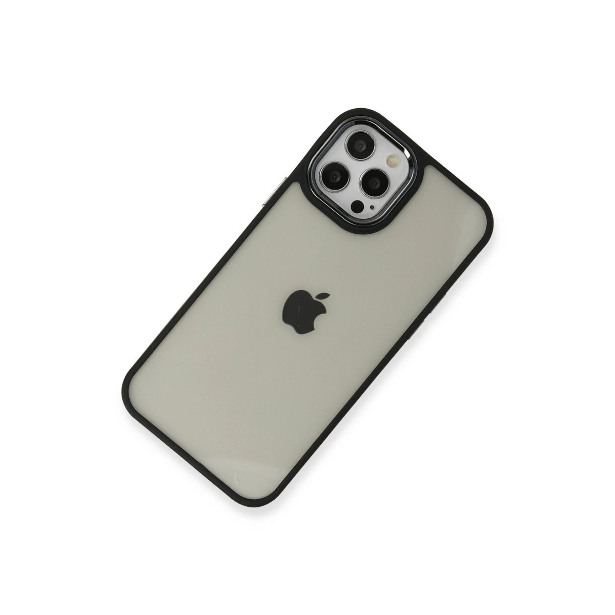 Siyah kenarlı şeffaf telefon kılıfı, beyaz arka planda Apple logosunu gösteriyor.